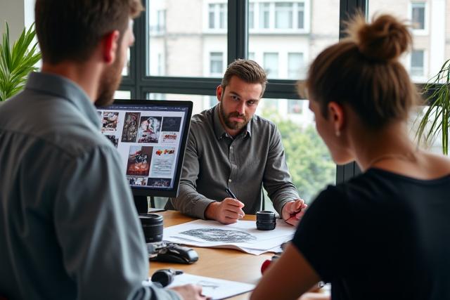 Team of photographers collaborating in a modern office setup, representing professional photography services.