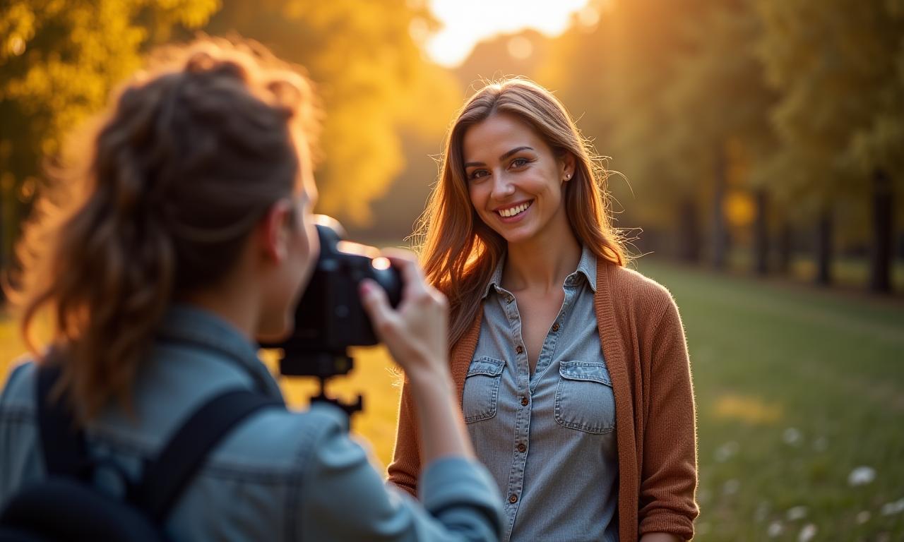 Jurugambar mengambil gambar pelanggan tersenyum dengan kamera profesional