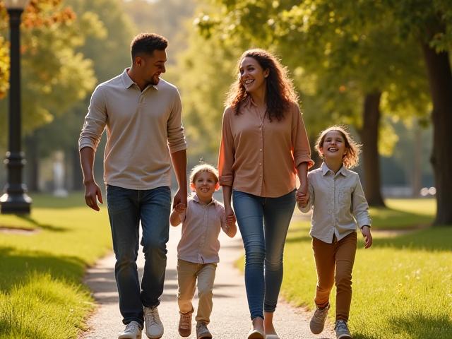 Keluarga bahagia tersenyum di taman