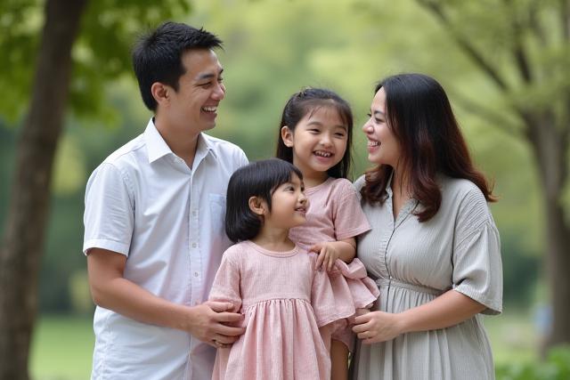 Keluarga tersenyum berpose untuk potret